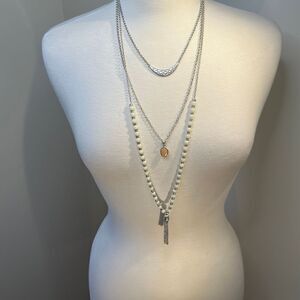 Three strand Long statement necklace, yellowish gem, stamped out metal tassel